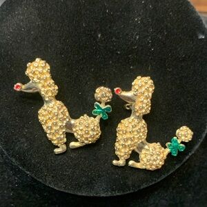 PAIR TWIN GOLDEN CURLY POODLE BROOCHES WITH ENAMEL DETAIL